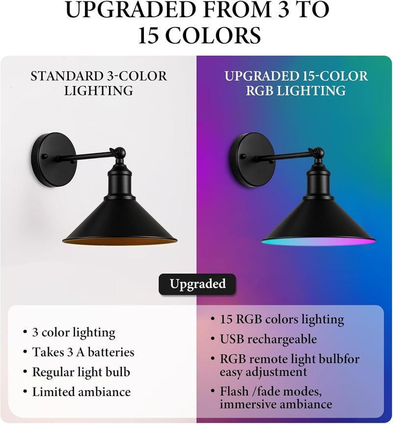 Franing Rechargeable Battery Operated Wall Sconces Set of 2, RGB 15 Color Dimmable Wireless LED Wall Sconce, Includes Bulb and Remote Control, Suitable for Bedroom, Farmhouse, Gallery. - Image 2